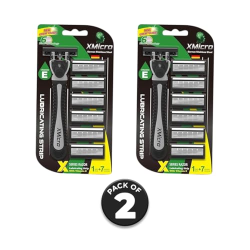 XMicro Razors for Men, 1 Razor, 7 Blade Refills with German Stainless Steel, Lubricated with Vitamin E, Aloe for Smooth Shave, Shields Against Irritation (Pack of 2) | 14 Blade Included