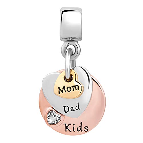 Three-tone Mom Dad Daughter Son Dangle Plate Charm fits Pandora Charms Moments Bracelets Gold Silver Rose Gold Heart Cubic Zirconia2