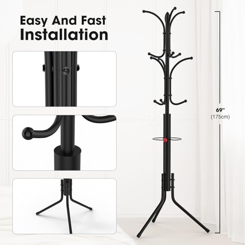 Ulimart Coat Rack Freestanding,12 Hooks Metal Coat Racks With Umbrella Holder,Sturdy Hall Rree,Easy Assembly Coat Rack Stand For Hanging Scarf,Purse,Hats,Jacket thumb #6