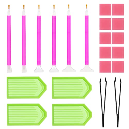 Image of ZIBUYU Diamond Painting Kit Tool 5D Diamond Art Pen Kit with 6 Diamond Painting Pen, 2 Tweezer, 10 Glue Clays, 4 Diamond Tray, 5D Diamond Painting Tool Kits Accessories - 22 Pieces