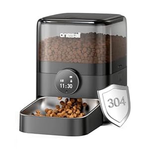 oneisall Futterautomat Katze, 3L Katzenfutter Automat mit 304 Edelstahlnapf, 1-6 Mahlzeiten pro Tag, Trockenfutterspender für Katzen/Hunde, mit Programmierbarem Timer