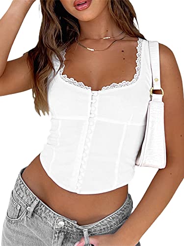 Women Y2K Sexy Lace Camisole Square Neck Tie Front Cute Cami Tank Top Vintage Backless Tank Top Slits Cropped Vest Top (Hook Button White, S) #TOP1