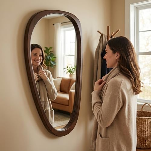 Image of Solid Wood 48 inchx24 inch Dark Walnut Large Organic Irregular Wall Mirror | Large sculptural look adds MCM wood depth to bedroom walls, hallways, living rooms, sideboards, dressers, statement decor