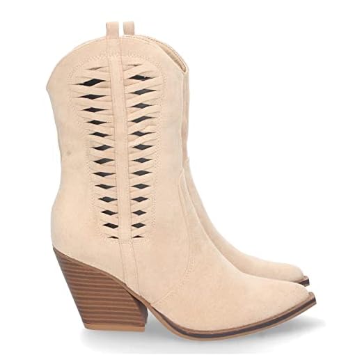 70007-Bota de Tacon Campero para Mujer, Comoda, con Punta Fina, Calados en Cana, y Cierre de Cremallera, Primavera Verano 2023. Talla 36 Beige