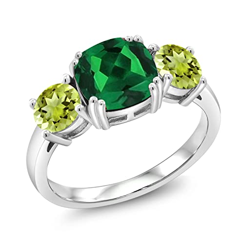 Gem Stone King 925 Sterling Silver Green Nano Emerald and Green Peridot 3 Stone Engagement Ring For Women (3.60 Cttw, Gemstone May Birthstone, Cushion 8MM, Available in Size 5,6,7,8,9)