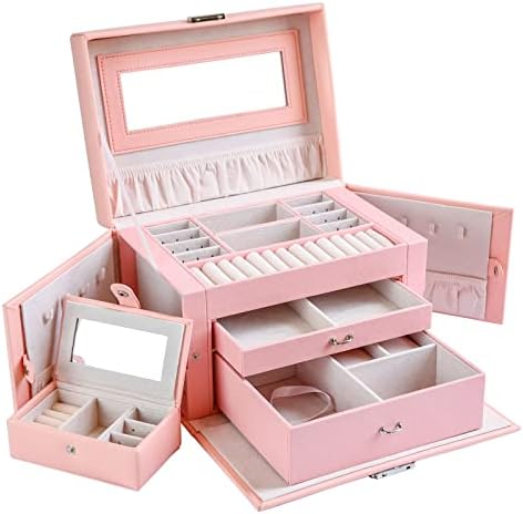 Kendal Large Leather Jewelry Box / Case / Storage / Organizer With Travel Case and Lock, Mothers Day Gifts for Mom (Pink)