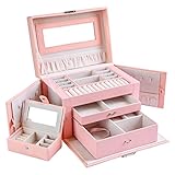 Kendal Large Leather Jewelry Box / Case / Storage / Organizer With Travel Case and Lock, Mothers Day Gifts for Mom (Pink)