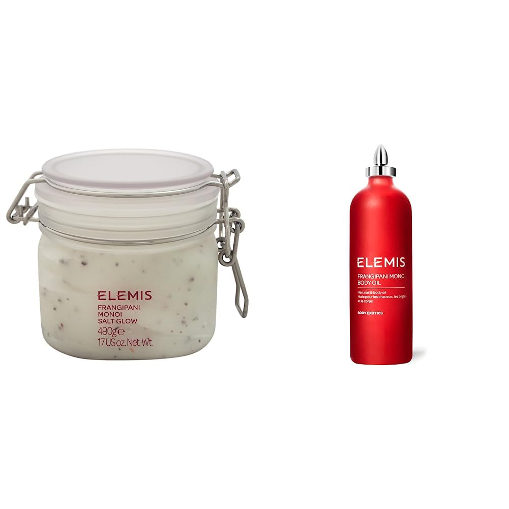 Elemis Frangipani Monoi Salt Glow, hautpflegendes Salz-Körperpeeling, 1er Pack (1 x 490 g) mit Frangipani-Monoi-Körperöl, Haar-, Nagel- und Körperöl, 1er Pack (1 x 100 ml)