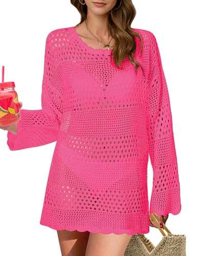 Buauty Womens Swimsuit Coverup Crochet Swim Cover Ups Bikini Bathing Suits Swimwear 2024 Summer Beach Dress Vacation Outfits Rosy - Main Image