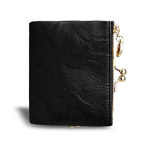 Image of AOXONEL Womens Wallet Small Rfid Ladies Compact Bifold Leather Vintage Coin Purse With Zipper and Kiss Lock, Black, Small, Vintage