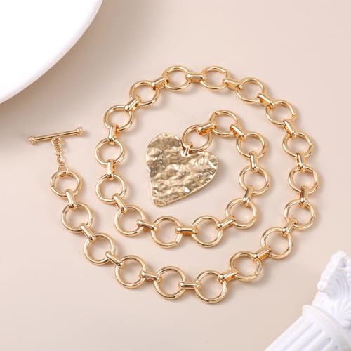Chunky Gold Pendant Necklaces for Women, Large Statement Hammered Heart Pendant Necklace Vintage Chunky Gold Chain Necklace for Women Trendy Jewelry Gift3