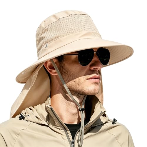 Image of Outdoor Sun Hats with Stowable Neck Flap for Men Women UPF 50+ Mesh Summer Bucket Hat Wide Brim for Fishing Safari Hiking
