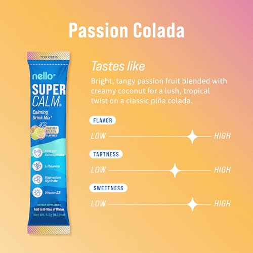 Image of Nello Supercalm Powdered Drink Mix, Cortisol Reducer* and Sleep Aid Supplement, L Theanine, Ksm-66 Ashwagandha, Magnesium Glycinate, Vitamin D 3, No Sugar, Non GMO, On The Go, 20 Ct, Passion Colada
