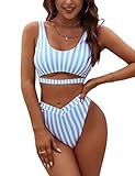 Blooming Jelly Womens Cheeky High Cut Bikini Set Cutout High Waisted Swimsuits Backless 2 Piece Bathing Suits (Medium, Blue & White Striped)