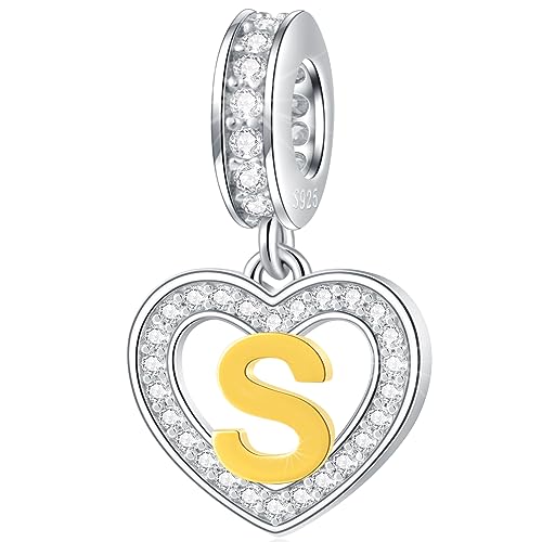 Image of GLOWDAS 18K Gold Plated Letter Charms Initial A to Z Necklace Pendant, 925 Sterling Silver CZ Heart Dangle Alphabet Beads fit European DIY Bracelet, Gifts for Valentiens /Christmas /Family