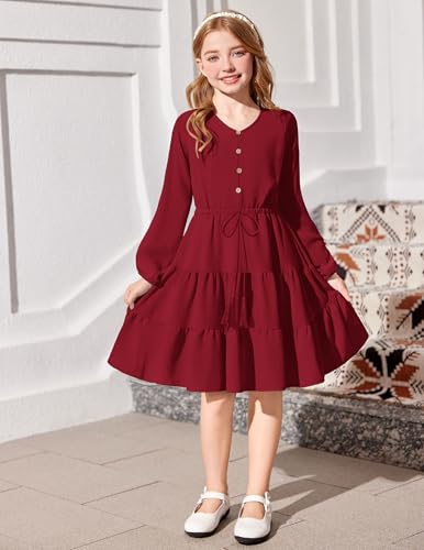 Arshiner Tween Girls Dresses Fall Long Sleeve V Neck Waist Tie Ruffle Tiered Swing Skater Dress2