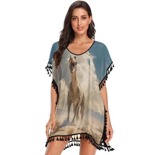 KAAVIYO Angry Dinosaurs Desert Women's Beach Cover Up Chiffon Tassel Swimwear Swimsuit Coverups for Girl
