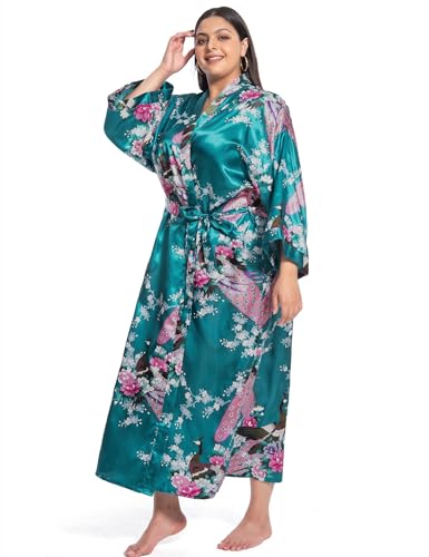 Image of Women's Floral Long Satin Robes Plus Size Long Silk Robes Peacock Floral Kimonos Sleepwear Dressing Gown