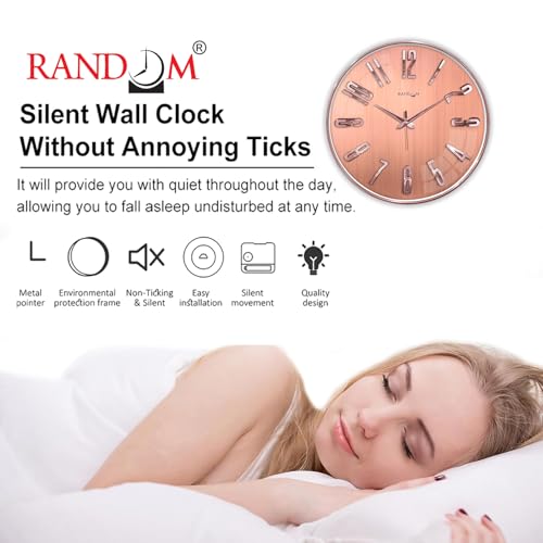 Image of RANDOM Sweep Silent Wall Clock, Non-Ticking Quartz Movement with 3D Foiling Numbers. (Rose Gold)