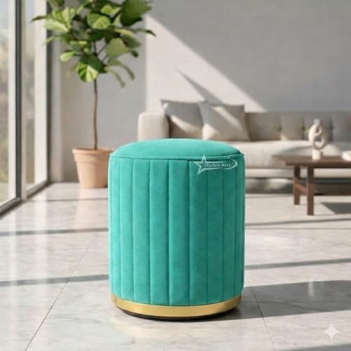 Image of Upholstered Round Linen Strip Stool Living Room Foot Rest Office Stool Pouf Ottoman Padded Seat - Aqua