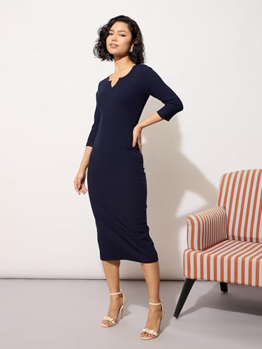 Image of barcino Black Rib Deep V-Neck Ankle Midi Dress