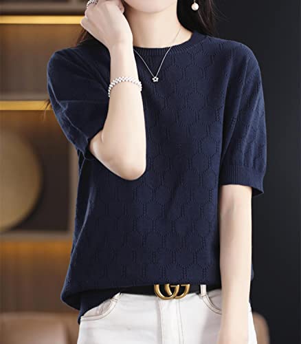 Image of Summer Hollow Out T-Shirt Women's Short Sleeve Sweater Cotton Knitted O-Neck Lightweight Pointelle Breathable Tops