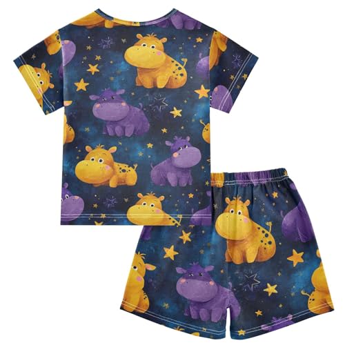 Pajama Short Sets Starry Hippo Pattern Print Soft Cotton Summer Sleepwear 2 Piece PJS Size 5-14T2