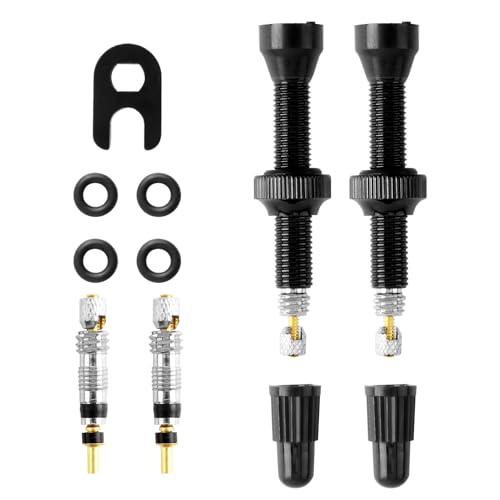 Nazaz Kit 2 Válvulas Presta Tubeless Bicicleta MTB 40mm, con Llave de Extracción Obús, Juntas, Tuercas y Tapones, Valvulas para Bicicletas de Aluminio, Sin Fugas de Aire, Negro