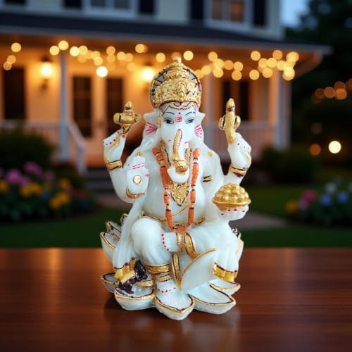 Image of YASHONIDHI Lord Ganesh Idol, 7 Inches, White and Gold Color, Marble Dust, Ganapati Murti, for Pooja Room, for Home Decor, Office Decoration, for Good Luck and Wealth, Gift for All Occasions