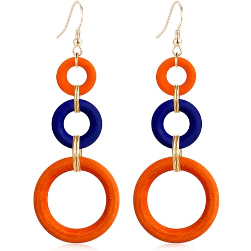 Bohemian Handmade Natural Wooden Circle Round Hoop Splicing Hook Earrings Lightweight Retro Colorful Long Wood Geometric Dangle Drop Earrings for Women