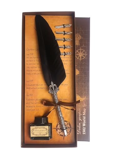 Kit Caneta Tinteiro Pena Preto Antiga Simples