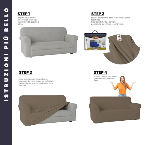 Piu Bello Copridivano Bielastico Elasticizzato Con Braccioli Sagomati – Copri Divano 2 Posti Estensibile 130–170 Cm, Salvapoltrona Antimacchia, Lavabile In Lavatrice, Tessuto Premium - Tortora - 4