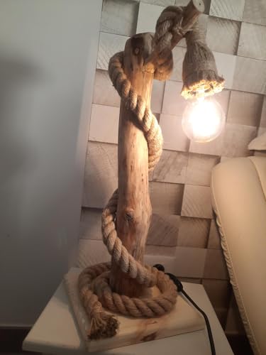 Solenzo - Lampe à poser artisanale en bois et corde, décoration naturelle - Ampoule E27 offerte