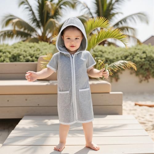 Image of Girls Boys Hooded Terry Coverups One Piece Swimsuits Summer Striped Trim Zip Up Short Sleeve Swim Cover Up Beachwear