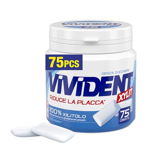 Immagine prodotto: Vivident Xylit Chewing Gum, Gomma da Masticare, Barattolo, Gusto Spearmint, con Xilitolo, Senza Zucchero, Confezione da 75 Confetti