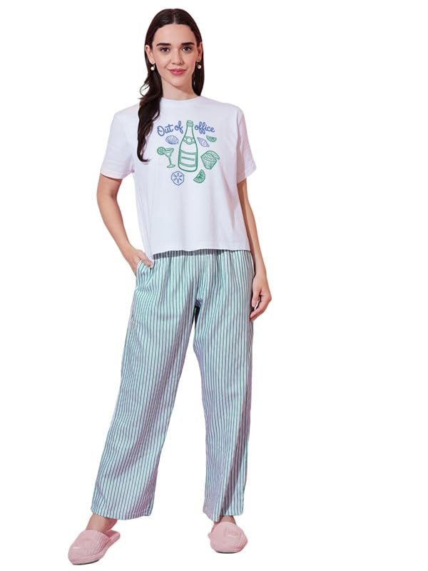 Image of Fflirtygo Women's Cotton Printed Night Suit Set | T-Shirt and Pyjama Set for Women Girls | Short Sleeve Top and Pajama Lounge Set | Green & White Nightwear | Sleepwear Regular Fit Nightdress