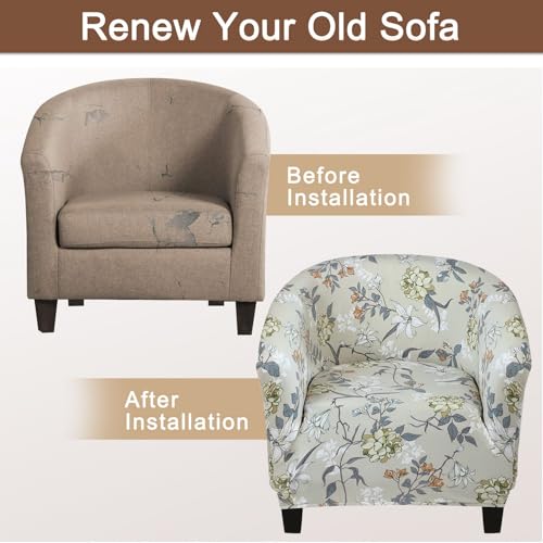 Image of SearchI Club Chair Slipcover Stretch Barrel Chair Covers Printed Tub Chair Slipcovers Soft Spandex Armchair Sofa Cover Removable Couch Furniture Protector for Living Room (Green Flower)