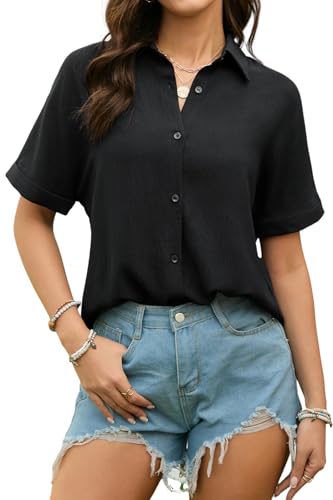 Stamain Schwarz Bluse Damen Kurzarm Musselin Blusen Sommer Damen Hemd Lässig Elegante V-Ausschnitt Hemdbluse mit Knöpfen XL
