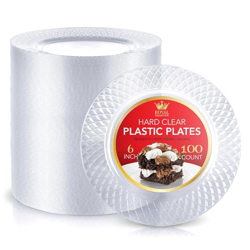 Stock Your Home Premium Clear Plastic Dessert Plates 6 Inch Appetizer Dessert and Party Plates (100 Count) Heavy Duty Hard Plastic Disposable Wedding Cake Plates Crystal Clear for Holiday Parties