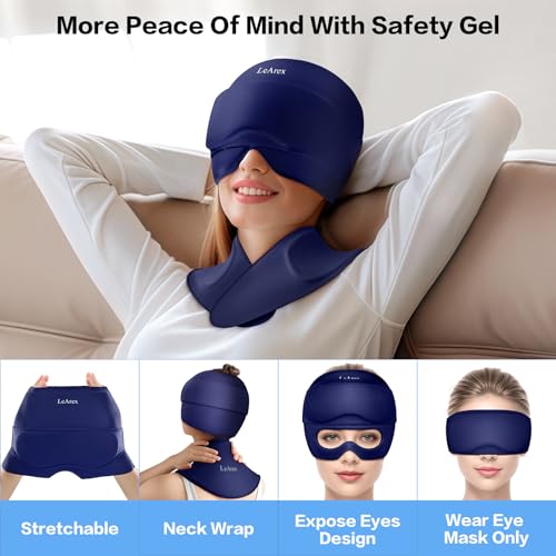 Image of Migraine Relief Cap and Neck Ice Pack Wrap with Ice Eye Masks,3 in 1 Detachable Hot and Cold Therapy Headache Relief Cap for Headaches, Stiff Neck,Eye Fatigue, Tension and Pain Blue