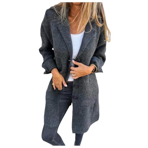 Women's 2024 Solid Color Cardigan Mid Long Coats Casual Button Wool Blend Winter Tartan Trench Coat with Pockets