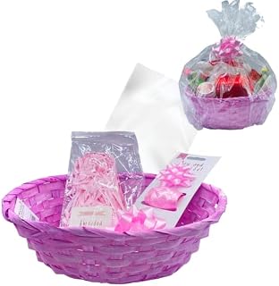 Hamper Baskets for Gifts - 1x Empty Wicker Basket Pink, Cellophane Bag, Shredded Tissue, Bow, Ribbon - Make Your Own Hamper Kit for Mothers Day, Personalized Gift for Birthday, Baby Shower Wedding