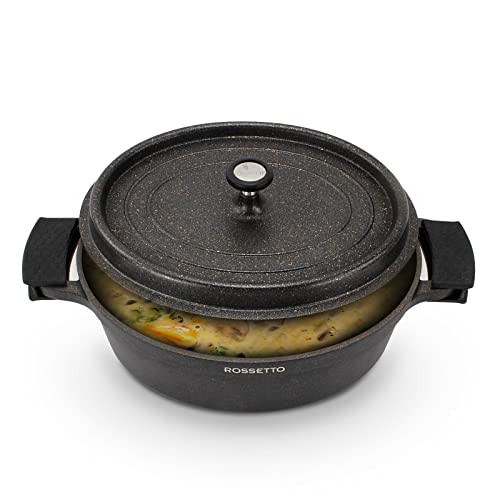 ACTIV CUISINE Cocotte en fonte ovale induction Marmite en fonte 6.5 Litres 31cm Fonte d'Aluminium, Revêtement Anti-adhésif Aspect Pierre, Avec Couvercle Coussinets en Silicone Amovibles, Noir