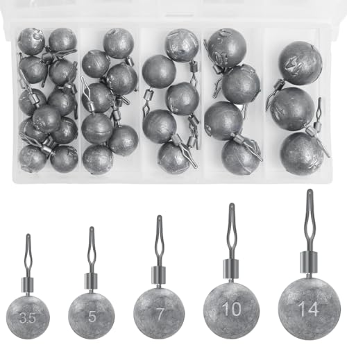 VEPEPE 30 Piezas/5 tamaños Juego de Plomos de Pesca, con Rodillo Giratorio, Incluye Caja Combinada de Plomos de 3.5g, 5g, 7g, 10g, 14g, con Giratorio para Surfcasting y Drop Shot