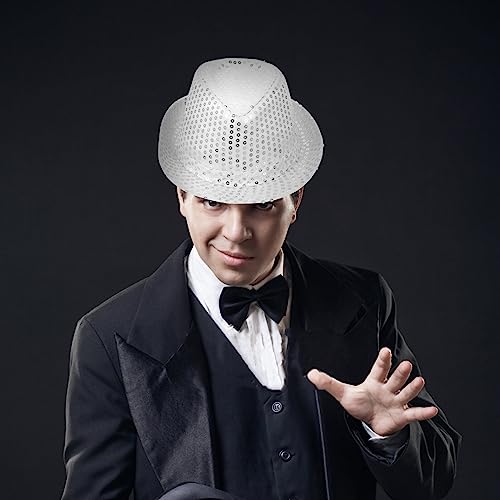 Tendycoco 2Pcs Solid Color Sequins Fedora Hat Stage Shining Hat Jazz Caps Hat For Adults Costume Performance Party(Silver) #TOP4