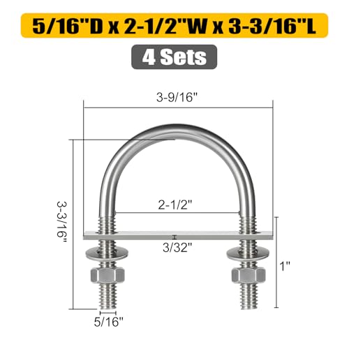 Image of 4 Sets Round U Bolts, u-Bolts 2-1 /2 Inch Wide, 304 Stainless Steel U Bolt,with Nuts,Bolt Plate and Washers for Boat Trailer Tube(5 /16 inch D x 2-1 /2 inchW x 3-3 /16 inchL)
