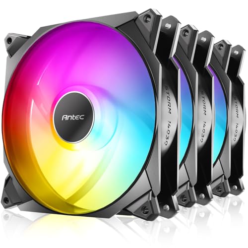 Antec 140mm RGB Fans, 140mm Case Fans, 30mm Thickness Case Fan, 1500 RPM with 95.44CFM, 1.94mmH?O, 5V 3Pin Addressable RGB Fans with Controller, Motherboard SYNC and 4 Pin PWM Control, Storm T3 Series