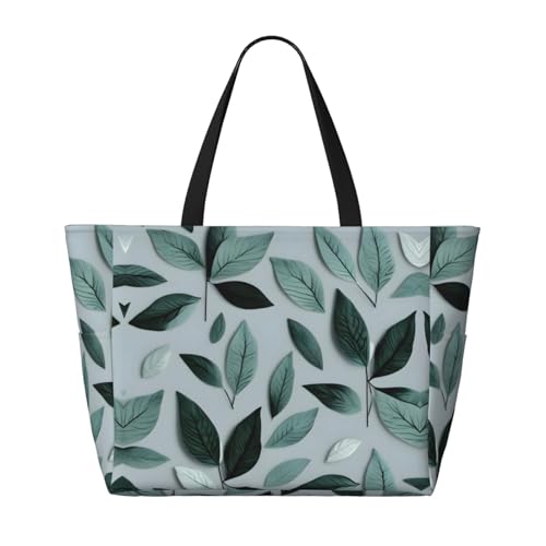 Mint Gray Leaf Large Beach Tote Bag Women Beach Tote Bag For Pool Gym Grocery Travel With Multiple Pocket2