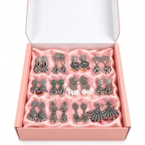 Image of Oxidised Desi-Vibes-jumka Earrings Combo Set for Women & Girls | 12 Pairs Traditional Boho Ethnic Earrings | Multicolour Beads & Pearl Drop Earrings | Indian Jewellery for Festive, Navratri & Ethnic Wear