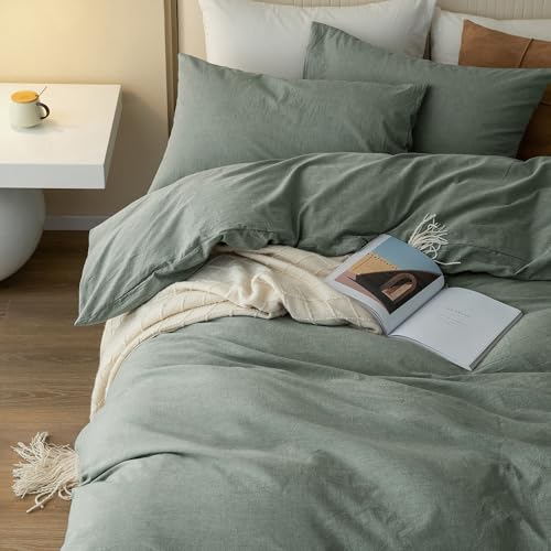 JIYUAN 100% Washed Cotton Duvet Cover Set 3 PCS Oversized King Plus, 1 Duvet Cover 128"x120"(Comforter Not Included) and 2 Pillowcases,Linen Feel Bedding Set Comfy and Breathable, Heathered Green